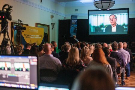 Delegates watch the “Eyes on the Humber” film during The Waterline Summit launch event.